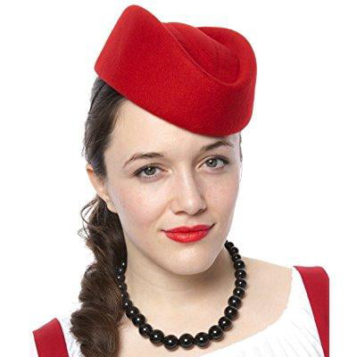 CLASSIC Wool Felt Women Pillbox Hat Ladies Fascinator StewardessRedRound